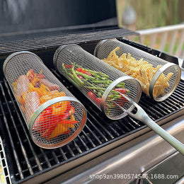 BBQ Cage Round BBQ Barrel Outdoor BBQ Smoked Cage Portable BBQ Stove Rotating Rolling Stainless Steel Cage