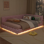 Daybett, 140*200cm Tagesbett, Schlafsofa, Bett mit Lattenrost(ohne Matratze), 16 Farben Umgebungslicht, USB-Anschluss,Typ-C, Bequemes Material, Vliesimitat, Rosa